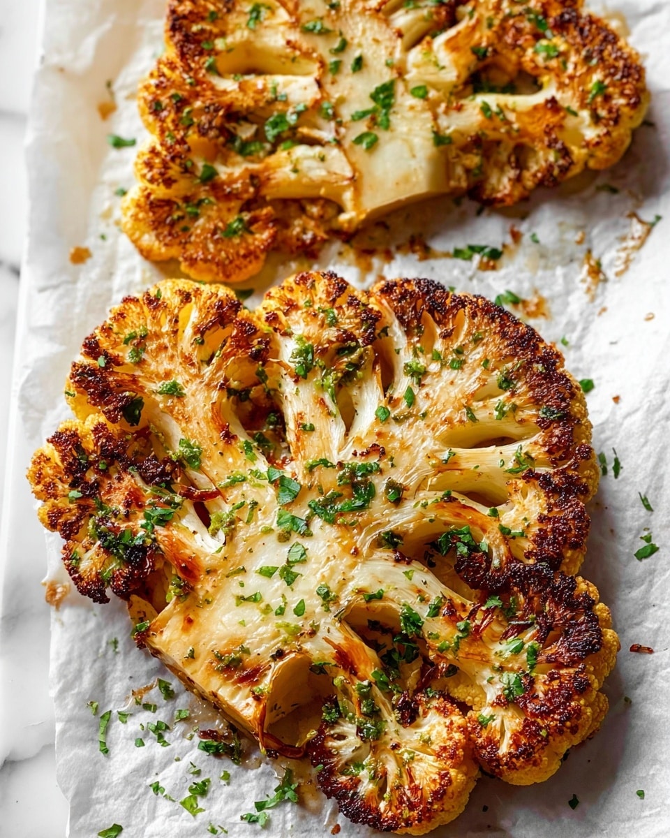 Two large golden-brown roasted cauliflower steaks lie on white parchment paper over a white marbled surface, each piece showing a thick center stalk with branching florets. The cauliflower has a well-cooked texture with crispy, slightly charred edges, and is sprinkled with finely chopped green herbs that add a fresh, vibrant touch. The cauliflower surface has a mix of light cream and deep caramelized brown colors, highlighting its roasted state. Photo taken with an iphone --ar 4:5 --v 7