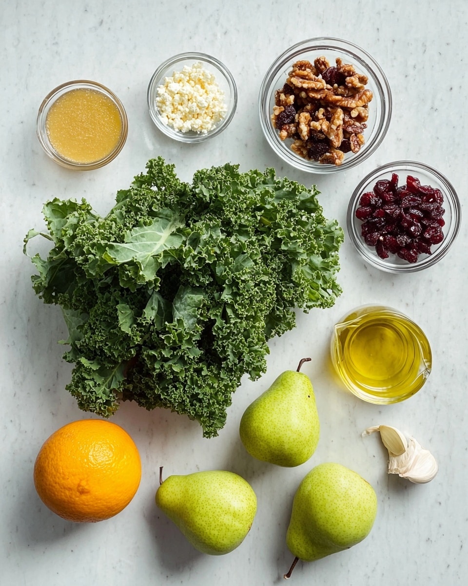 On a white marbled surface, there is a bunch of fresh green kale with ruffled leaves placed slightly left of center. Around it are several small clear glass bowls: one holds brown candied nuts, another has bright red dried cranberries, one contains a yellow mustard sauce, another with light brown liquid, one more bowl has crumbly white cheese, and a tiny bowl holds salt and pepper. Near the kale are three green pears arranged closely together, a whole orange fruit, a small jug of golden olive oil, and a single clove of white garlic, all spaced evenly to create a clean, fresh look. photo taken with an iphone --ar 4:5 --v 7