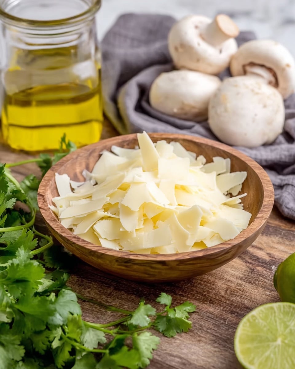 A wooden bowl filled with pale yellow, thin shaved cheese pieces sits on a rustic wooden table. Behind the bowl, there are several white mushrooms resting on a grey cloth. Toward the right side in the foreground, a clear glass jar holds golden olive oil. In the front left corner, a bunch of fresh green cilantro leaves spreads out, and in the bottom right corner, part of a halved lime is visible. The whole scene is set against a white marbled background. photo taken with an iphone --ar 4:5 --v 7