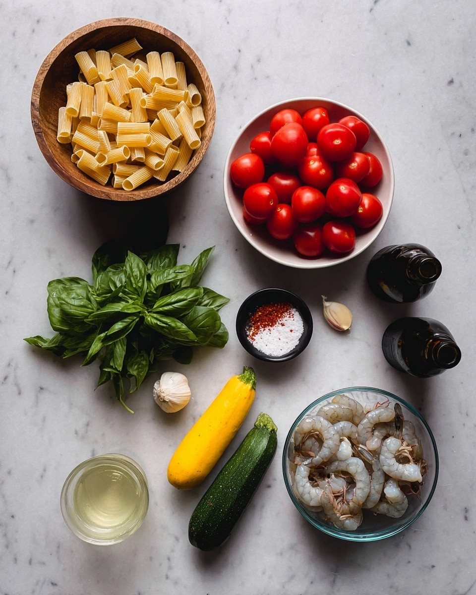 There are several ingredients placed neatly on a white marbled surface. At the top left, a wooden bowl holds pale yellow dry pasta tubes. To the right, a white bowl is full of bright red cherry tomatoes. Below these are a bunch of fresh green basil leaves. Near the bottom right, a clear glass bowl contains raw shrimp with a grayish-pink color. There are three small zucchinis, one yellow and two green, placed diagonally near the center. A small black bowl holds white and red spices next to a whole garlic bulb, which is off-white with brown roots. At the bottom left, there is a glass with a pale yellow liquid, and two dark bottles are partially visible. Photo taken with an iphone --ar 4:5 --v 7