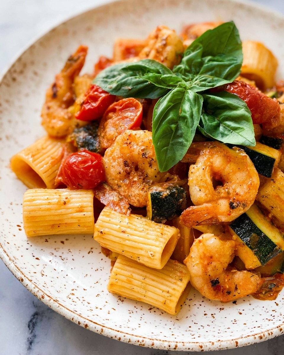 A close-up view of a white speckled plate holding a colorful pasta dish with thick, tube-shaped rigatoni pasta in a light orange tomato sauce. On top and mixed in are golden-orange cooked shrimp with a slight char, bright red cherry tomatoes, and pieces of dark green zucchini. The dish is finished with three fresh dark green basil leaves placed on top, adding a fresh contrast. The plate rests on a white marbled surface. Photo taken with an iphone --ar 4:5 --v 7