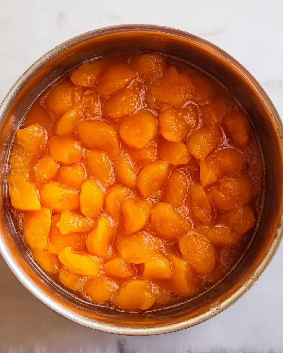 The image shows a close-up top view of a pot filled with small, soft, orange chunks in a thick orange liquid, resembling cooked or stewed fruit like apricots or peaches. The chunks are evenly spread throughout the pot, and the liquid surrounding them has a shiny, smooth texture. The pot has a simple, shiny brown interior that contrasts with the bright orange color of the contents. The photo was taken from above, focusing fully on the texture and color inside the pot. The background is a white marbled surface. photo taken with an iphone --ar 4:5 --v 7