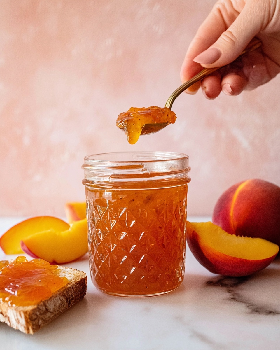 A close-up image shows a glass jar filled with shiny orange jam, with a spoon holding some jam just above the jar. The jar has a detailed, diamond-like pattern on its surface. Around the jar, there are fresh peach slices with yellow and red skin tones and a piece of bread spread with the same orange jam. A woman's hand holds the spoon above the jar. All items rest on a white marbled surface, and the background is a soft, warm pink shade. photo taken with an iphone --ar 4:5 --v 7
