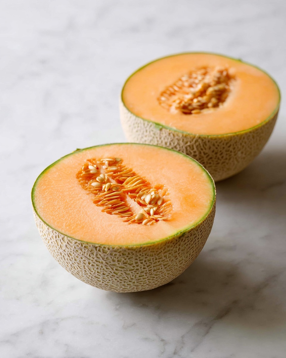 Two halves of a cantaloupe melon are placed on a white marbled surface. Each half shows the inside with bright orange flesh and a cluster of light brown seeds in the center. The outer skin is textured with a beige net-like pattern and has a thin greenish edge where it meets the flesh. The halves are positioned with one closer to the camera and the other slightly behind, both showing the cut side facing up. Photo taken with an iphone --ar 4:5 --v 7