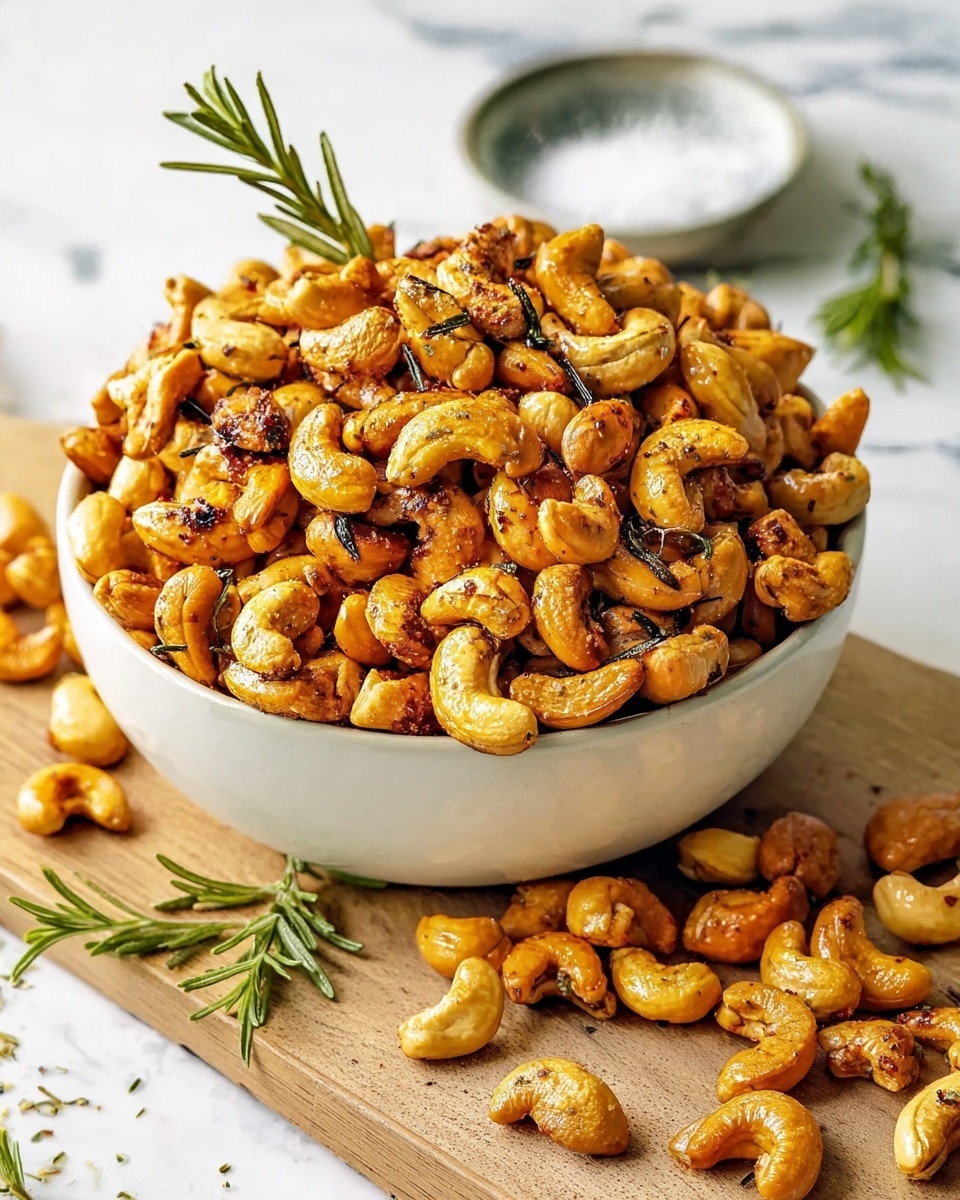 A white bowl filled with a large pile of roasted cashew nuts that are golden brown and shiny, showing a slightly rough and crunchy texture. The cashews are mixed with small dark herb bits and garnished with fresh green rosemary sprigs standing out on top and around. Some cashews and herb pieces are scattered outside the bowl on a wooden cutting board, which rests on a white marbled surface. In the blurred background, a small container filled with salt and a few more cashews and rosemary leaves add depth to the image. Photo taken with an iphone --ar 4:5 --v 7