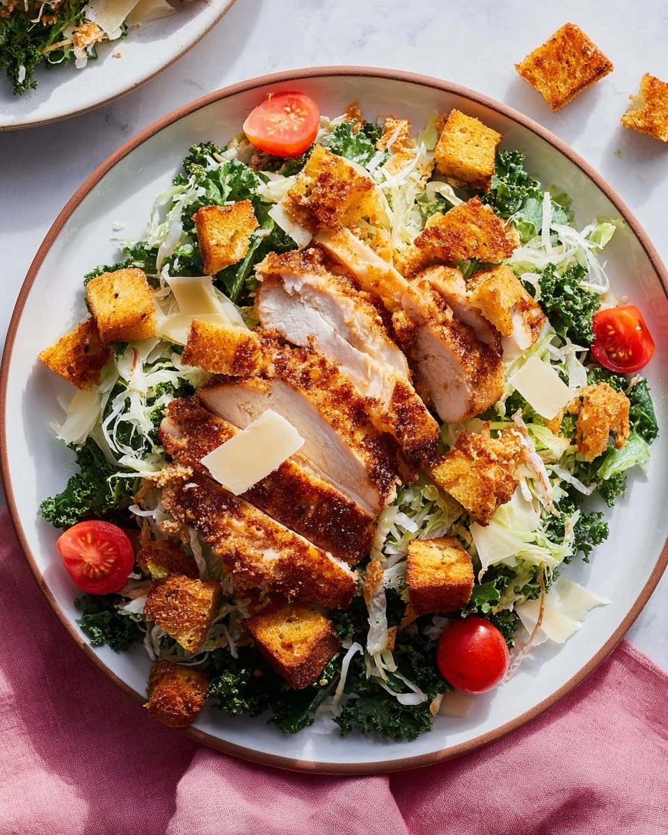 The dish is served on a round white plate with a thin brown rim, placed on a white marbled surface with a pink cloth nearby. The bottom layer consists of finely shredded green lettuce and white cabbage, mixed with small pieces of chopped kale. Scattered on top of the greens are several small bright red cherry tomatoes. Over this bed of vegetables rests a layer of golden-brown crispy chicken pieces, sliced thick enough to show the juicy white meat inside. Around and on the chicken, there are scattered crunchy croutons with a rich golden color and some small cubes of pale yellow cheese. Photo taken with an iphone --ar 4:5 --v 7