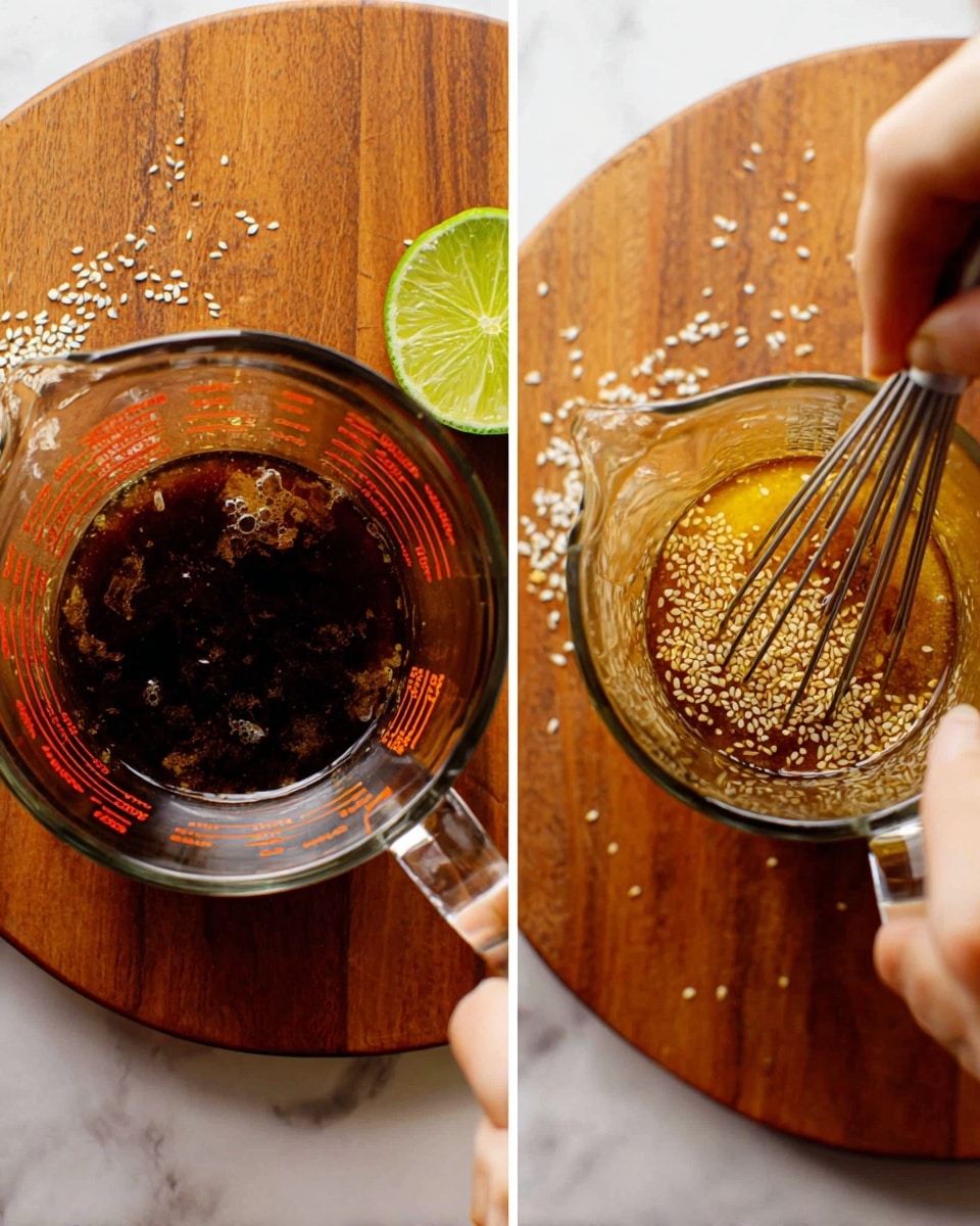 The image shows two close-up views of a glass measuring cup placed on a round wooden board with scattered sesame seeds and a fresh sliced lime near the top. On the left side, the cup holds dark brown liquid with floating small chunks, bubbles on the surface, and measuring marks visible in orange on the glass. On the right, a woman's hand holds the cup while another woman's hand uses a metal whisk to mix the contents, which now show light tan sesame seeds suspended in a golden-brown liquid. The background features white marbled texture beneath the wooden board. Photo taken with an iphone --ar 4:5 --v 7