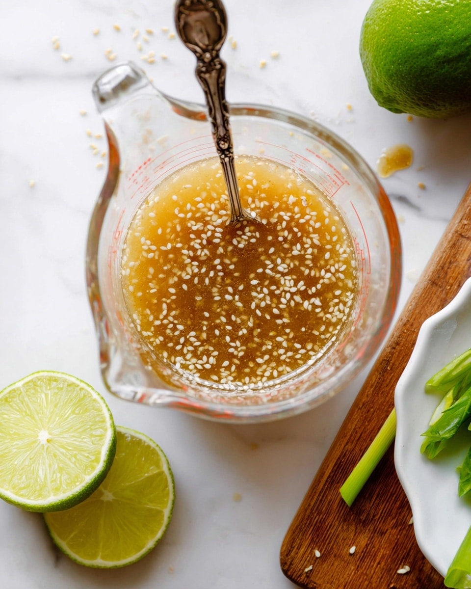 A clear glass measuring cup filled with a light brown sesame seed sauce mixture showing white sesame seeds floating throughout. A silver spoon with ornate handle is inside the measuring cup standing upright. Nearby on a white marbled surface, there are two halves of a fresh lime showing bright green inside. Part of a white dish with a leafy green showing is at the bottom right corner with a wooden board under it scattered with a few sesame seeds and a green onion piece. Photo taken with an iphone --ar 4:5 --v 7