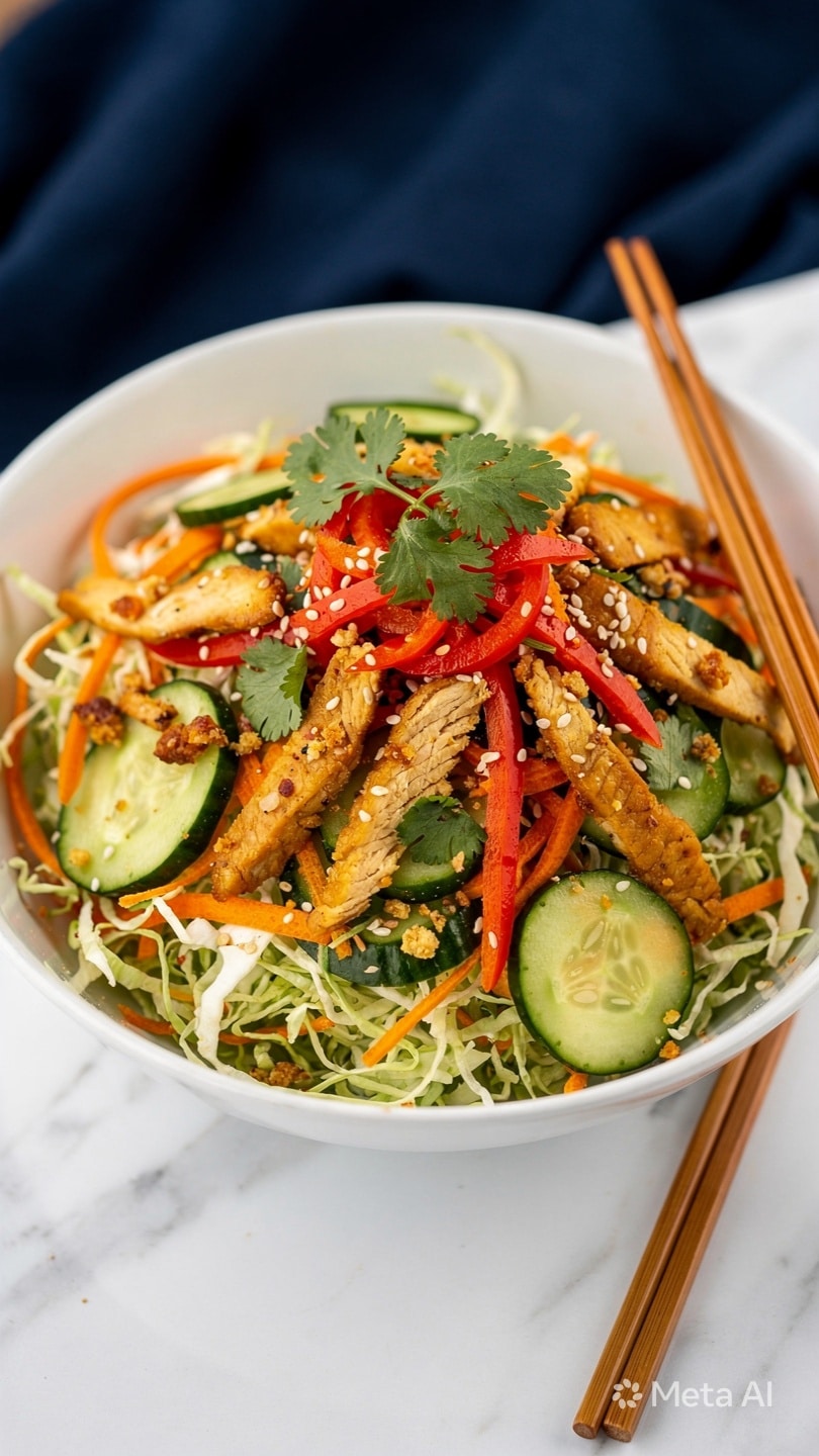 A tall pile of colorful salad sits in a deep white bowl on a white marbled surface. The salad has several layers starting with shredded light green cabbage at the base, bright orange carrot ribbons, and dark green cucumber slices mixed throughout. There are pieces of golden brown cooked chicken strips scattered on top, along with thin red bell pepper strips and fresh green cilantro leaves. Small white sesame seeds and crunchy bits are sprinkled all over the salad. A pair of wooden chopsticks rests beside the bowl. The background is softly blurred dark blue fabric. Photo taken with an iphone --ar 4:5 --v 7
