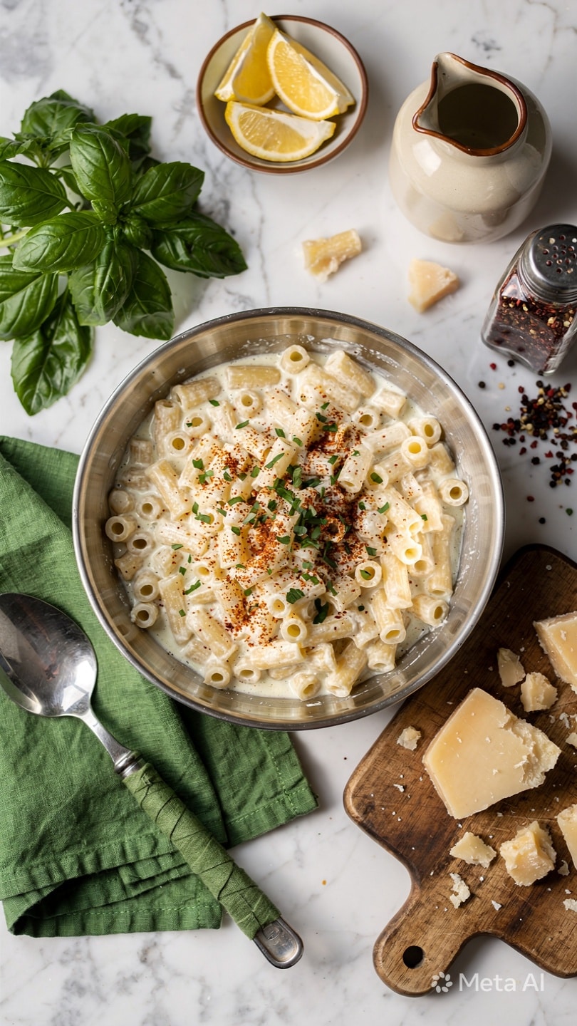 A brown bowl filled with creamy white pasta shells mixed with small green fresh basil leaves and sprinkled with grated Parmesan cheese and red chili flakes on top, a white-handled fork resting on the edge of the bowl; in the background, a large metal pot, a small white container holding a creamy white mixture with green specks, a block of Parmesan cheese, and a light green cloth, all placed on a white marbled surface photo taken with an iphone --ar 4:5 --v 7