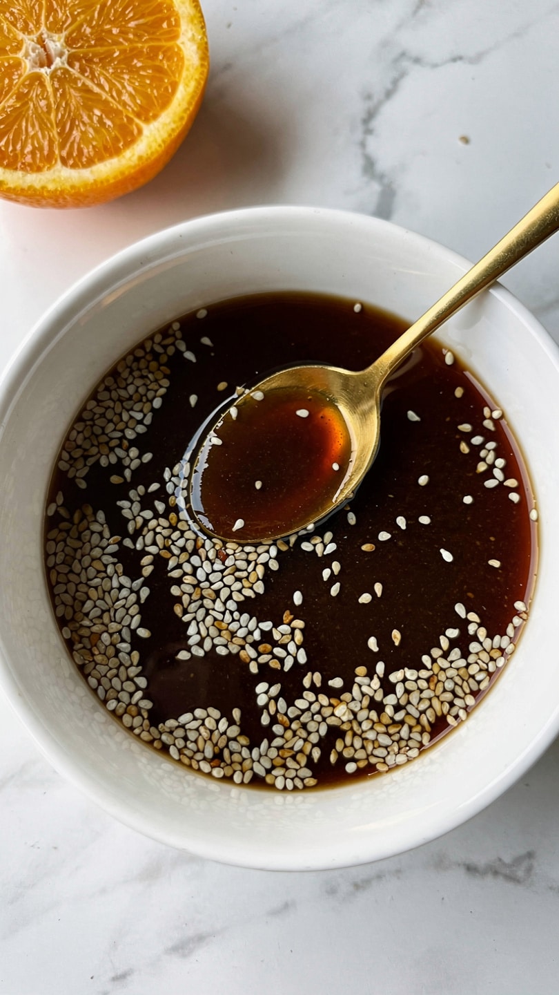 A white bowl filled with dark brown sauce sprinkled with white sesame seeds. A golden spoon rests in the bowl, holding a small amount of reddish-brown sauce. In the top left corner of the image, there is a half orange with bright orange flesh showing. The bowl is placed on a white marbled surface. photo taken with an iphone --ar 4:5 --v 7