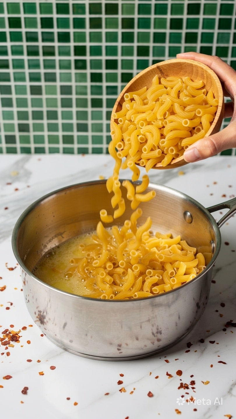The image shows a close-up of a stainless steel pot on a white marbled surface with small tube-shaped yellow pasta being poured into it from a wooden bowl. The pot contains some light oily or buttery substance on its bottom, with the pasta filling about half of the pot's space. A woman's hand holds the wooden bowl, tilting it to let the pasta fall inside. The background is a grid of green tiles with small red pepper flakes scattered around. photo taken with an iphone --ar 4:5 --v 7