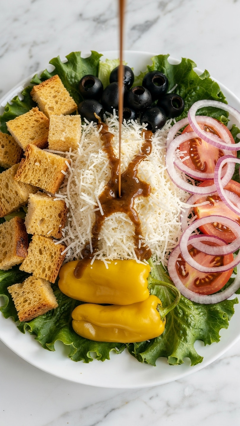 The image shows a white plate with a fresh salad arranged in layers. The bottom layer is green leafy lettuce, covering the whole plate. On top of the lettuce, there are sections of golden-brown croutons on the left, dark black olives near the top center, and bright yellow pepperoncini peppers near the bottom center. To the right of the peppers, there are slices of red tomatoes and light purple onion rings. The salad is topped with a thick layer of finely grated white cheese, sprinkled over all the ingredients. In the second part of the image, brown dressing is being poured over the cheese and salad. The plate is placed on a white marbled surface. Photo taken with an iphone --ar 4:5 --v 7