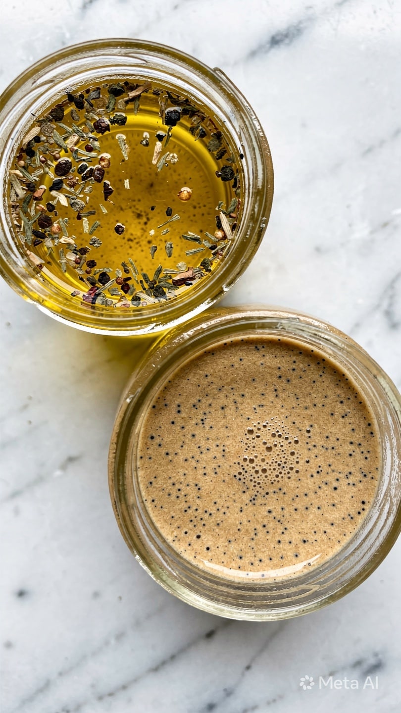 The image shows two glass jars on a white marbled surface, each filled with a different mixture. The jar on the left has a top layer of bright golden oil with a sprinkle of various dried herbs, which are small, dark green, and brown flakes spread unevenly across the surface. The jar on the right contains a creamy tan-colored mixture with tiny dark specks scattered throughout, giving it a textured, slightly grainy appearance. Both jars are viewed from above, showing their contents clearly. Photo taken with an iphone --ar 4:5 --v 7