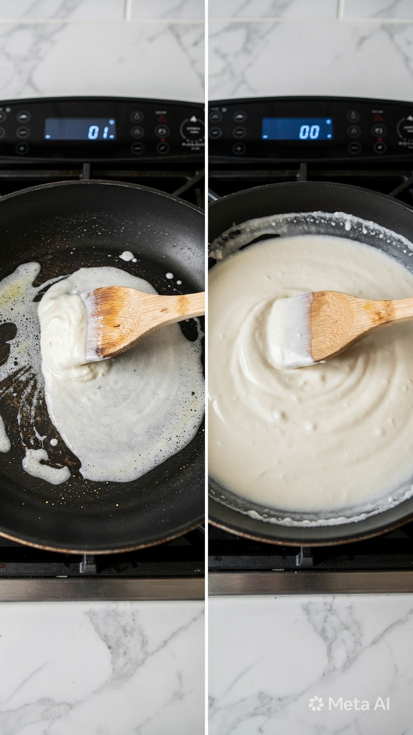 Two side-by-side images show a black frying pan on a stove with a wooden spatula stirring a creamy white sauce. The pan's surface is dark and slightly shiny, with the sauce at different cooking stages: the left image shows lighter bubbles forming on the sauce with some pan showing through, while the right image has the sauce thicker and more evenly spread, covering the pan's surface. The stove's black control panel with blue digital display is visible in the background above the pan. The scene rests on a white marbled texture. Photo taken with an iphone --ar 4:5 --v 7