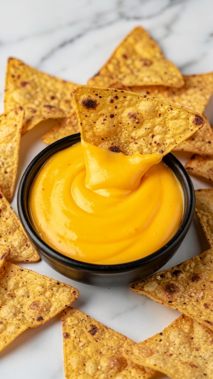 A black bowl filled with smooth, melted bright yellow cheese sauce sits in the center. A single large triangular tortilla chip, speckled with darker brown spots, is dipped halfway into the cheese, showing the thick texture of the sauce clinging to it. Around the bowl, numerous tortilla chips with rough, grainy textures and light brown tones are spread out in an irregular pattern. The scene is set on a white marbled surface. photo taken with an iphone --ar 4:5 --v 7