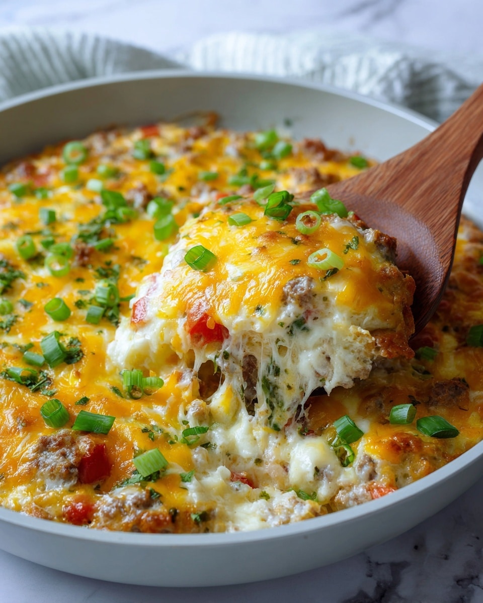 A large round metal pan is filled with a baked dish that has a thick, textured base layered with melted cheese that is a mix of white and yellow colors. The top layer is sprinkled with small green sliced scallions and finely chopped green herbs, giving a fresh look. The dish sits on a white marbled surface next to a folded beige cloth towel. The cheese layer looks slightly bubbly and covers the entire dish evenly. photo taken with an iphone --ar 4:5 --v 7