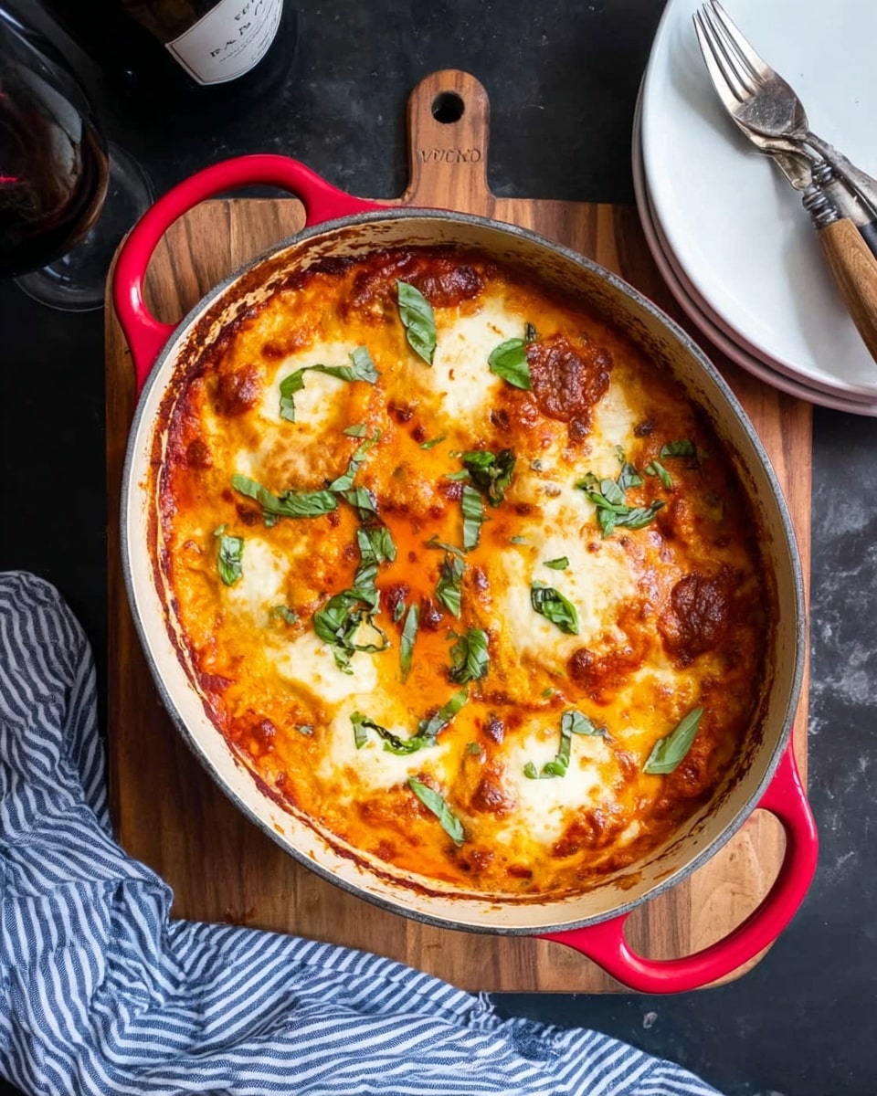 A white oval pot with red handles sits on a light wooden board, filled with a baked dish that has a rich golden-orange sauce layer on top, bubbling and slightly browned around the edges. There are melted white cheese patches scattered across the surface that blend into the sauce, creating a creamy texture. Small green basil leaves are spread evenly on top, adding fresh pops of color. The pot sits on a dark surface, next to a folded blue and white striped cloth. Two silver forks with wooden handles rest on a white plate off to the side. A bottle of wine is visible in the background. photo taken with an iphone --ar 4:5 --v 7