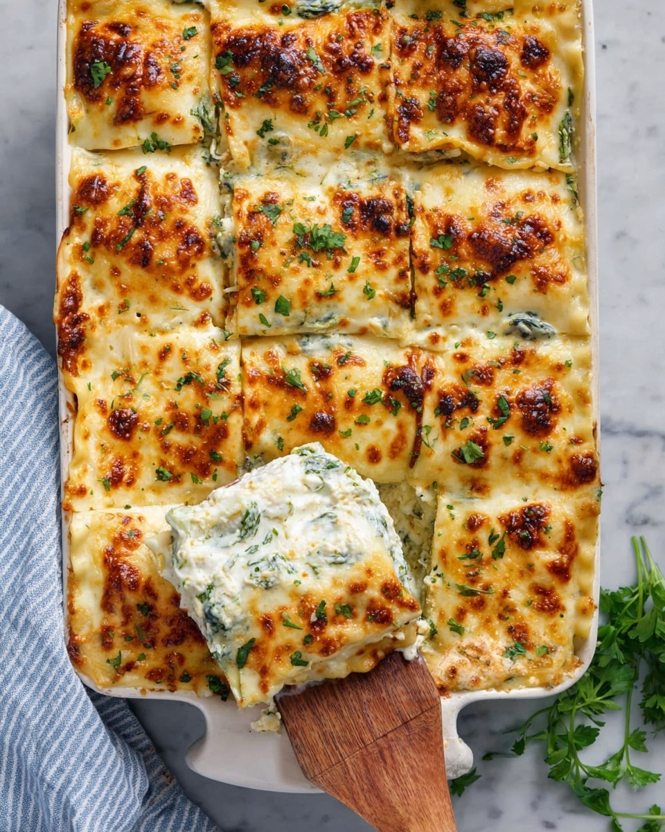 A white baking dish filled with a baked lasagna cut into nine square pieces, showing three layers: a golden-browned, bubbly cheese top layer with browned spots and sprinkled with fresh green herbs, a creamy white middle layer with visible spinach and cheese mixture, and thin pasta sheets beneath. One piece is being lifted with a wooden spatula revealing creamy, white filling with herbs inside. The dish sits on a white marbled surface with a light blue striped cloth peeking on one corner and some fresh green herbs on the side. Photo taken with an iphone --ar 4:5 --v 7