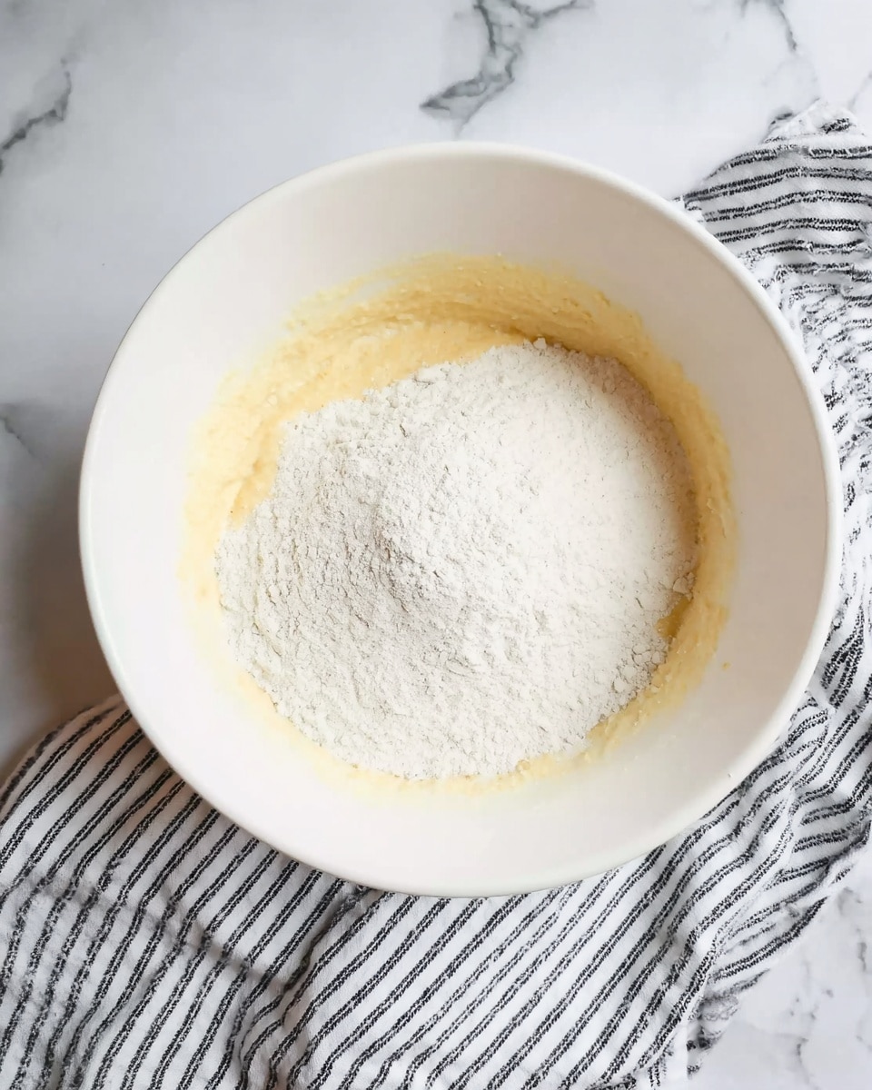 A white bowl filled with two visible layers of ingredients; the bottom layer is a pale yellow creamy mixture with a smooth texture, and the top layer is a heap of fine white flour resting on the yellow base. The bowl is on a white marbled surface with a black and white striped cloth partly beneath it, creating a simple and clean kitchen setting. photo taken with an iphone --ar 4:5 --v 7
