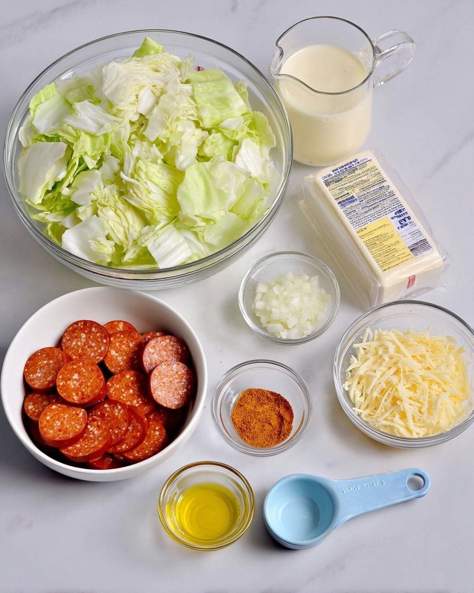 A clear glass bowl filled with chopped light green and white cabbage pieces is placed on a white marbled surface, next to a white bowl filled with thick slices of reddish-orange sausage with small white and black specks inside. In front of these bowls, there is a clear measuring cup with light cream-colored liquid, a small glass bowl with orange-brown spice mix, a small glass bowl with finely diced white onions, a small glass bowl of clear light yellow oil, a light blue metal measuring cup filled with finely grated yellow cheese, and a wrapped block of butter with white and yellow packaging. photo taken with an iphone --ar 4:5 --v 7