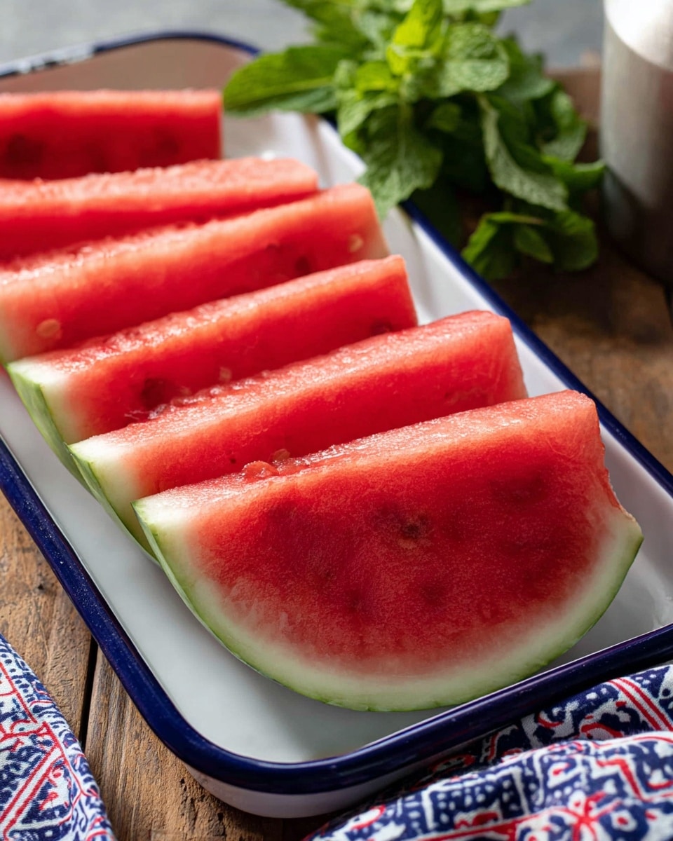 A white rectangular tray with a blue rim holds six slices of watermelon arranged in a row, each slice showing bright red flesh with small white seeds and a green rind edged with a thin white layer. The slices lean slightly against each other, showing their juicy texture with light reflections on the red fruit. To the left, a bunch of fresh green mint leaves adds a touch of color, while the tray sits on a wooden table. Part of a patterned cloth with blue, red, and white designs is visible in the bottom right corner. Photo taken with an iphone --ar 4:5 --v 7