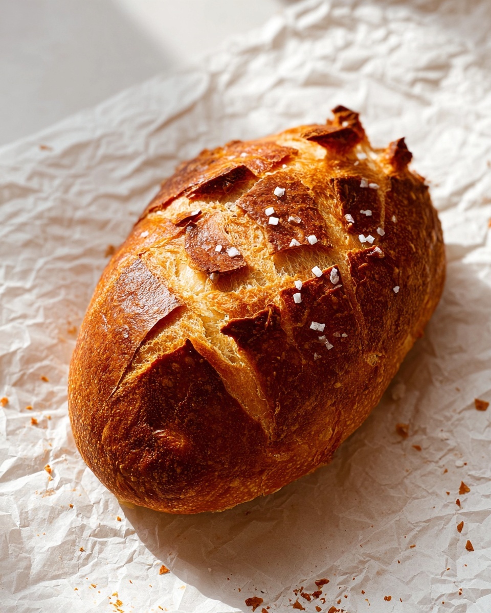 Salt Bread (Shio Pan) Recipe 5 A single golden-brown loaf of bread is shown resting on crumpled white parchment paper, placed on a white marbled surface. The loaf has a rough, cracked crust with various sized flaky pieces peeling off, revealing a soft inner layer beneath. Tiny grains of coarse salt are sprinkled across the crust and scattered around the bread on the paper. The light shines warmly on the loaf, highlighting its crunchy texture and uneven surface. Photo taken with an iphone --ar 4:5 --v 7