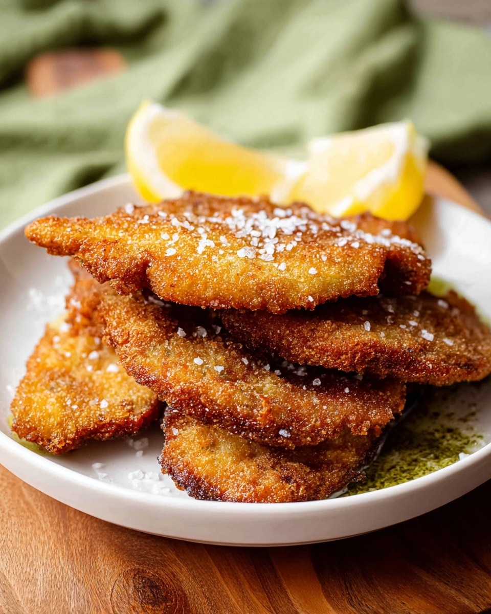 A white plate holds a stack of four crispy, golden-brown fried cutlets with a rough, crunchy texture. The cutlets are sprinkled with large grains of white salt. Behind them, two lemon wedges with bright yellow flesh sit partially visible. The plate rests on a wooden surface, and the background shows a blurred green cloth and bowls. photo taken with an iphone --ar 4:5 --v 7