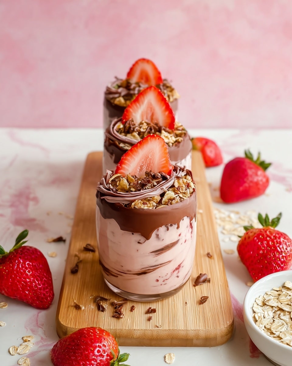 There are three clear glass cups filled with a creamy light pink mixture that has small pieces of strawberry visible inside. Each cup is topped with a thick ring of dark brown chocolate around the rim. On top of the mixture, there are swirls of chocolate, clusters of granola, and half slices of bright red strawberry placed on the center. The cups are lined up on a light wooden board, and around them are whole strawberries and some scattered granola pieces. In the front right corner, there is a white bowl with rolled oats. The background is a soft pink color with a white marbled texture surface. Photo taken with an iphone --ar 4:5 --v 7