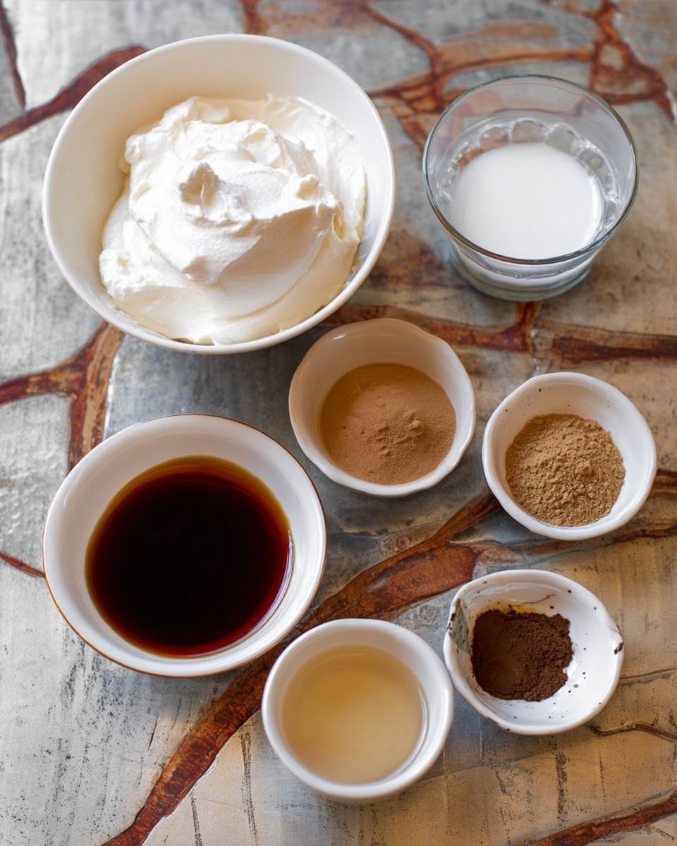 The image shows six small white bowls and a small clear glass arranged on a wooden table with a white marbled texture in the background. The largest bowl holds a large amount of white creamy substance with a smooth, soft texture. Next to it, a small white bowl is filled with a dark brown liquid that looks thick and glossy. Another small white bowl contains a light brown powder. The clear glass is filled with a white liquid, with a smooth surface. There is also a small white bowl with a pale golden liquid and a small slightly speckled bowl holding several powders and granules in different colors: white, light brown, and dark brown, all neatly separated in the bowl. Photo taken with an iphone --ar 4:5 --v 7