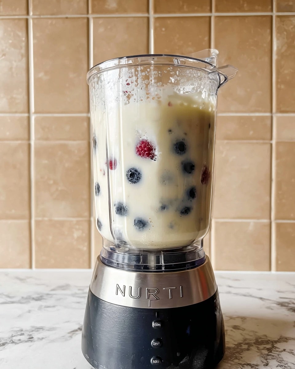 A close-up of a blender cup placed upside down on its motor base against a background of beige tiled wall, filled halfway with a creamy white liquid mixed with small whole blueberries and raspberries scattered inside, with bubbles forming around the edges where the liquid meets the cup's clear plastic. The blender base is black and silver with the word