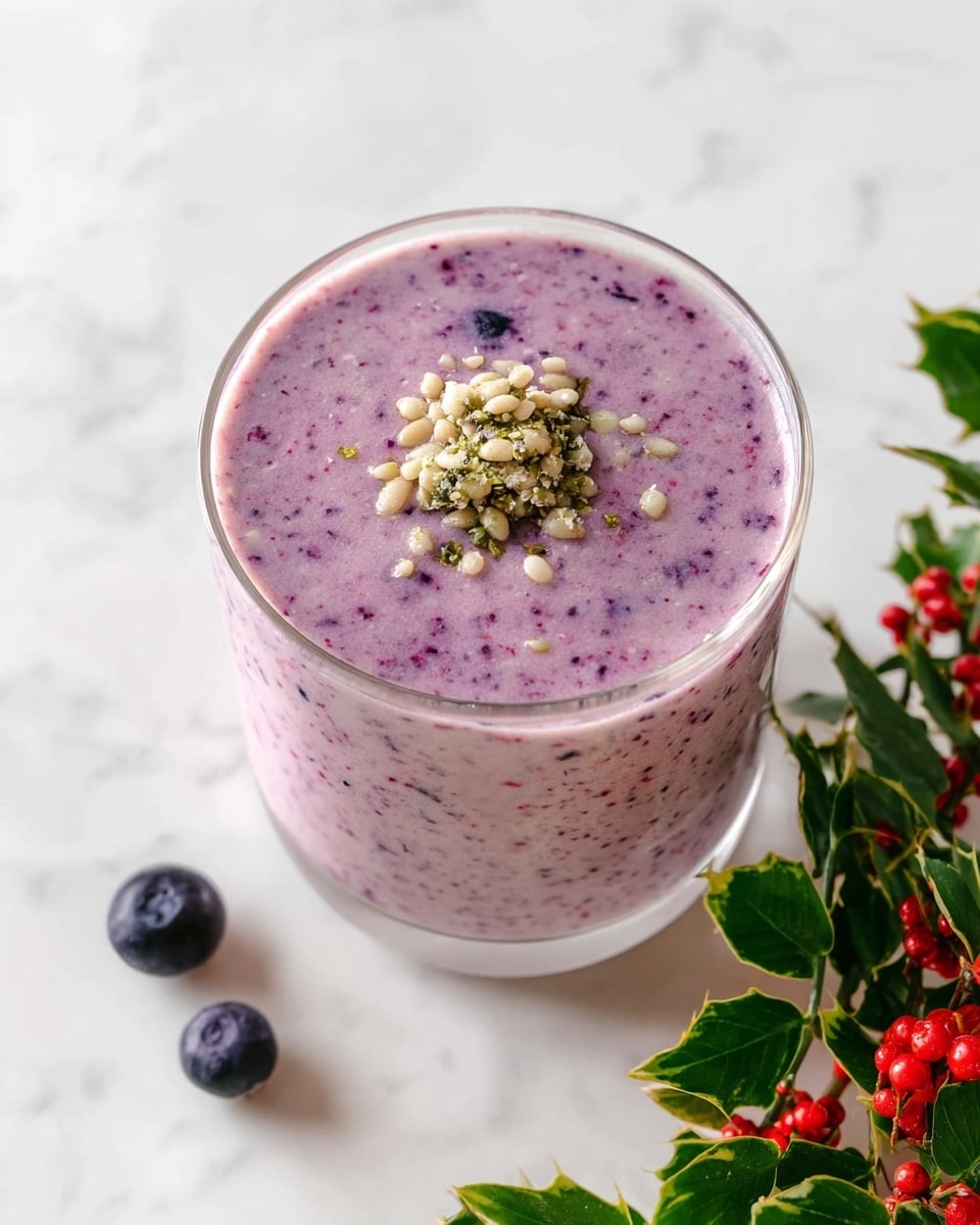 A glass cup filled with a smooth, pale purple smoothie that has small darker purple and red specks mixed inside. On top of the smoothie, there is a small pile of light tan and green seeds as garnish. The cup sits on a white marbled surface, with two dark purple blueberries placed near the bottom left and a green leafy plant with red berries on the right side of the image. The photo is bright and clear, showing the texture and colors well photo taken with an iphone --ar 4:5 --v 7