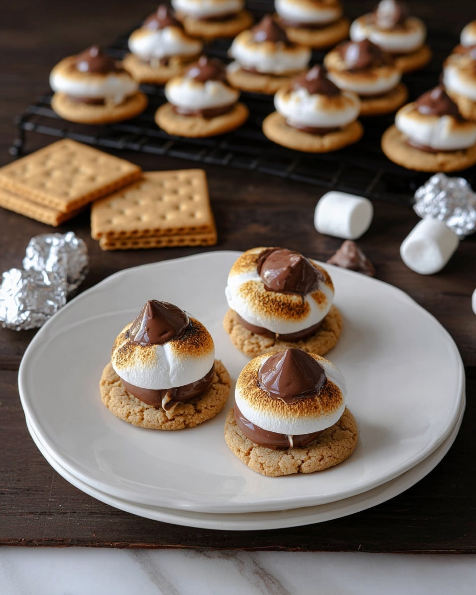 The image shows three small round cookies on a white plate, each with three layers: a bottom light brown cookie base with a cracked texture, a middle layer of toasted white marshmallow ring, and a top layer of a dark brown chocolate drop. In the background, more cookies are lined up on a wire rack, and nearby on a dark wooden surface are two square brown graham crackers, a white marshmallow, a silver foil-wrapped chocolate, and a single unwrapped chocolate drop. The scene is set on a white marbled texture surface with soft natural lighting. Photo taken with an iphone --ar 4:5 --v 7
