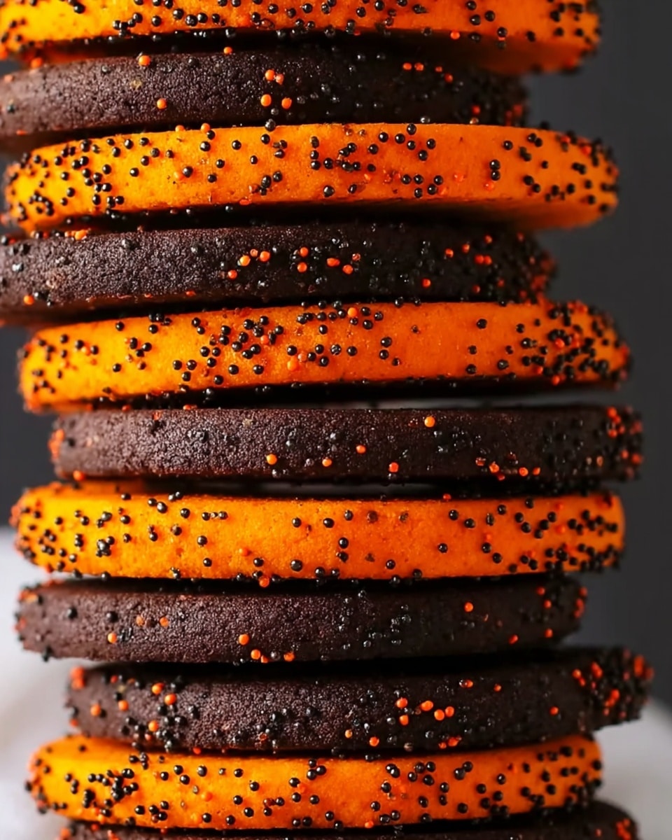 A tall stack of round cookies with two layers: the top part is bright orange covered with small black and orange sprinkles, while the bottom part is dark brown, almost black. The cookies have a smooth texture on both layers and are neatly piled one on top of another. The background is a white marbled texture. Photo taken with an iphone --ar 4:5 --v 7
