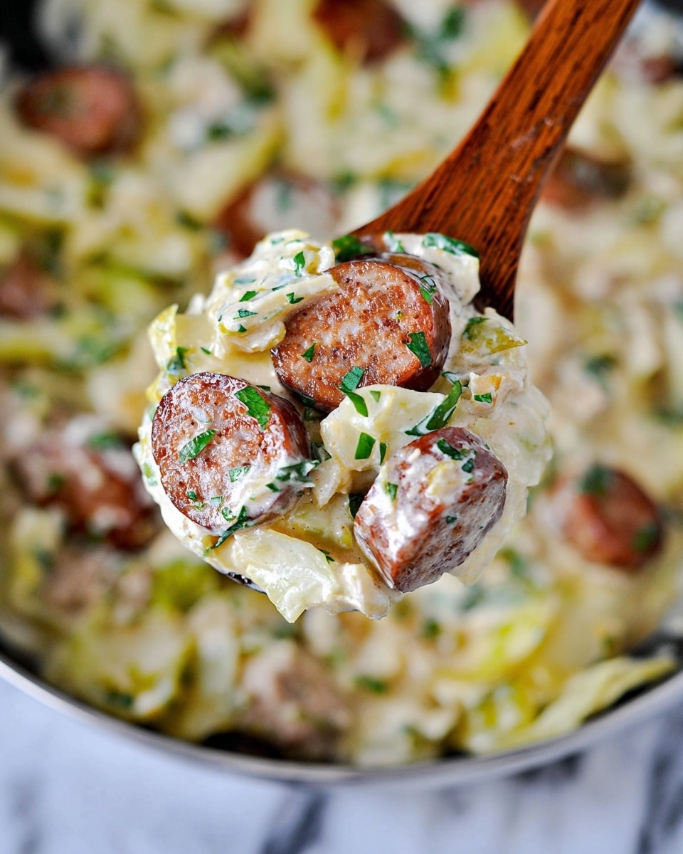 The image shows a close-up of a wooden spoon lifting a creamy dish made of several layers. The top layer has thick slices of browned sausage with a smooth, light cream sauce that covers soft pale yellow and white vegetable pieces, possibly cabbage or leek, with green herb bits sprinkled throughout. In the background, more of the same creamy mixture fills a pan, with visible chunks of sausage and green herbs scattered on the white marbled surface below. The colors range from light creamy white to golden yellow and browned sausage, and the texture looks soft and rich. Photo taken with an iphone --ar 4:5 --v 7