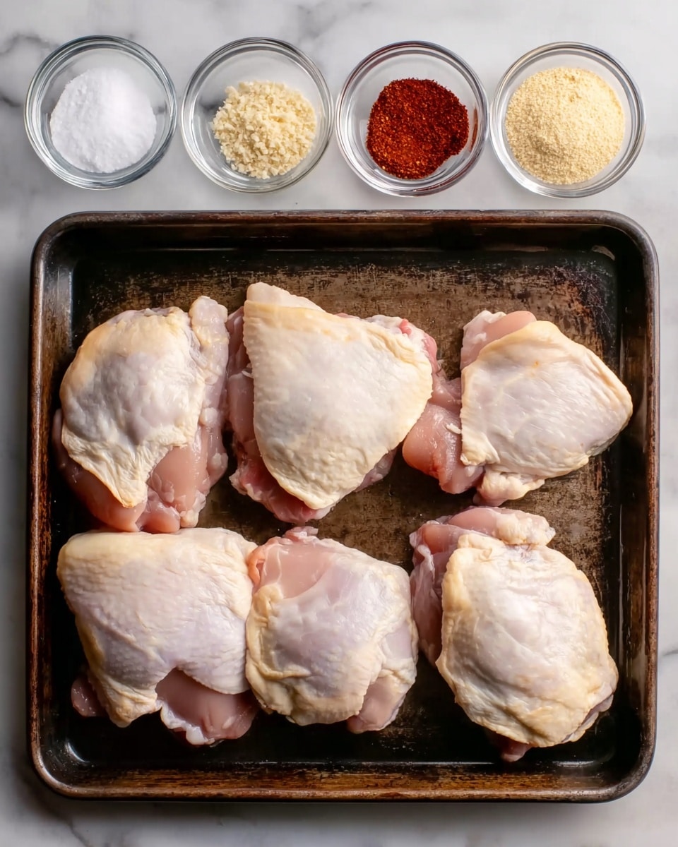 The image shows six raw chicken thighs placed in two uneven rows on a dark metal baking tray, with their skin side up. Above the tray are four small clear glass bowls lined up in a row, each containing a different ingredient: white salt, pale yellow granulated sugar, deep red paprika, and beige-colored minced or crushed garlic. The surface beneath the tray and bowls is a white marbled texture. Photo taken with an iphone --ar 4:5 --v 7