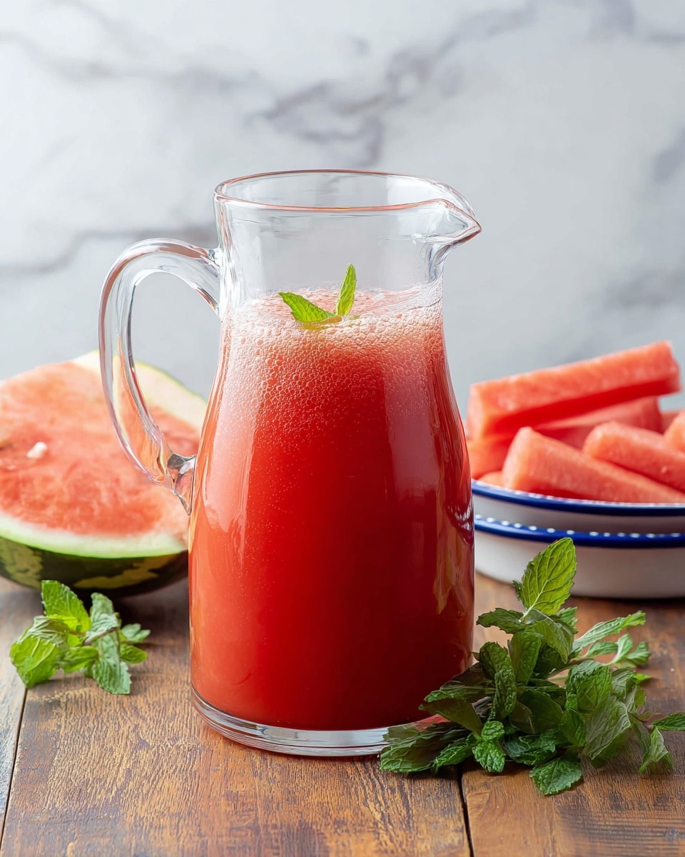 A clear glass pitcher filled with a bright red watermelon juice, showing light foam bubbles on top and a small green mint leaf floating near the rim. Behind the pitcher on the left, there is a sliced watermelon with pink flesh and green rind. On the right side, a white plate with blue edges holds several sticks of watermelon. Fresh green mint leaves lie in the foreground on a wooden surface. The background is a soft white marbled texture. photo taken with an iphone --ar 4:5 --v 7