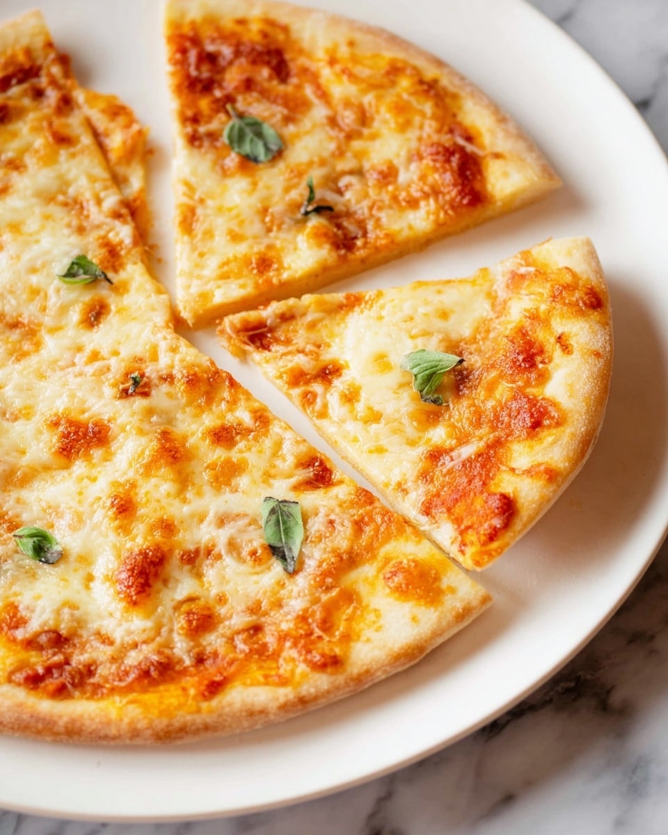 The image shows a thin, golden brown pizza sliced into pieces and placed on a white plate. The pizza has two clear layers: a base crust that is light brown with a slightly crispy texture, and a top layer of melted cheese that is creamy yellow with some golden spots. There are small patches of red tomato sauce peeking through the cheese. Scattered on top are a few small green basil leaves adding a fresh color contrast. The background surface is white with a marbled texture. photo taken with an iphone --ar 4:5 --v 7