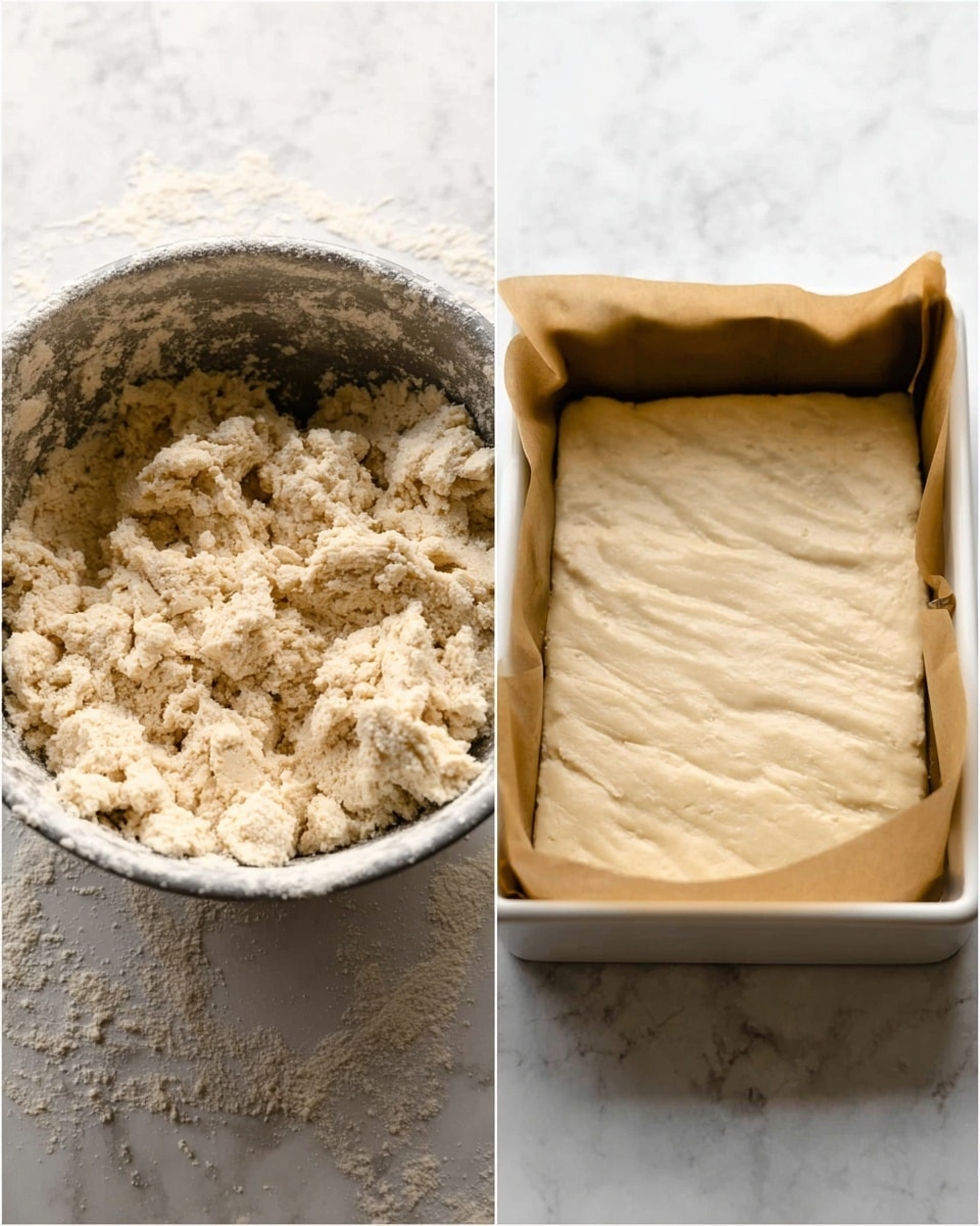 The image shows two stages of dough preparation side by side on a white marbled surface. On the left side, there is a mixing bowl filled with rough, crumbly light beige dough with uneven texture and some flour dusted on the sides. On the right side, the dough is pressed evenly into a white square baking pan lined with brown parchment paper, creating a smooth, flat surface with gentle folds and a pale beige color, ready for baking. Photo taken with an iphone --ar 4:5 --v 7