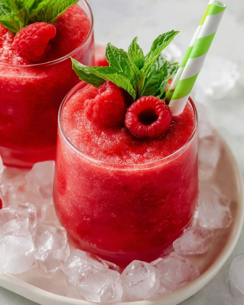 Two clear glasses with bright red slushy drinks fill the frame, each glass showing a rough icy texture on top. One glass is front and center, featuring two fresh raspberries partly sunk into the icy red slush and a small bunch of green mint leaves standing upright in the middle as decoration. A white and green striped straw leans against the rim of this glass. The glasses rest on a white plate scattered with ice cubes, all set on a white marbled surface. The lighting is bright, highlighting the vibrant red color and fresh green leaves, giving the drinks a cool and refreshing feel. Photo taken with an iphone --ar 4:5 --v 7