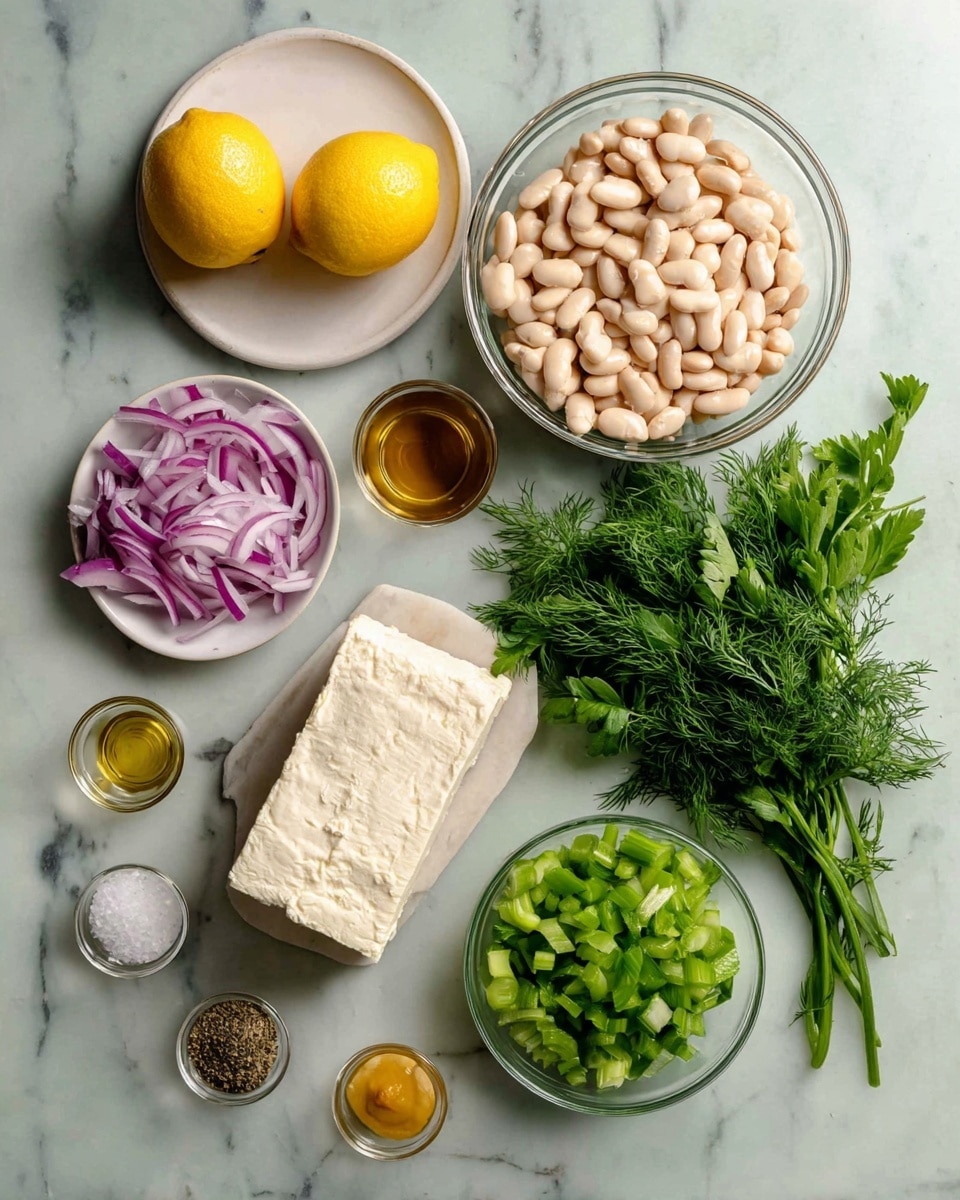 The image shows several ingredients arranged on a white marbled surface. At the top left, there is a white small plate with two halves of a yellow lemon. Below it, a clear glass bowl filled with white beans. To the right of the beans, a bunch of fresh green herbs, including dill and parsley, lies on the surface. Below the herbs, there is a white plate with a large rectangular block of white cheese. Below the cheese, a clear glass bowl contains chopped green celery. To the left of the celery, a small clear bowl has light brown olive oil. Next to the olive oil, a white small bowl is filled with sliced purple onions. Below the onions, there are three small clear containers holding yellow mustard, a light brown liquid, and coarse white salt. All items are placed neatly with clear visibility. photo taken with an iphone --ar 4:5 --v 7