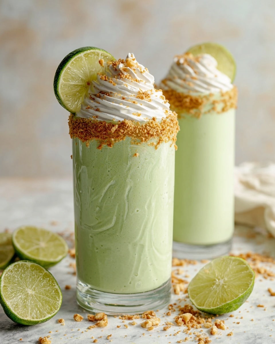 Two tall glasses filled with light green creamy smoothies stand on a white marbled surface. Each glass has a rim covered in crushed crumbs and is topped with a swirl of white whipped cream sprinkled with small toasted crumb pieces. A thin slice of lime is tucked into the whipped cream on each glass. Around the glasses, there are scattered crumbs and wedges of fresh lime, adding texture and color contrast to the scene. The background is softly blurred, keeping focus on the drinks. Photo taken with an iphone --ar 4:5 --v 7