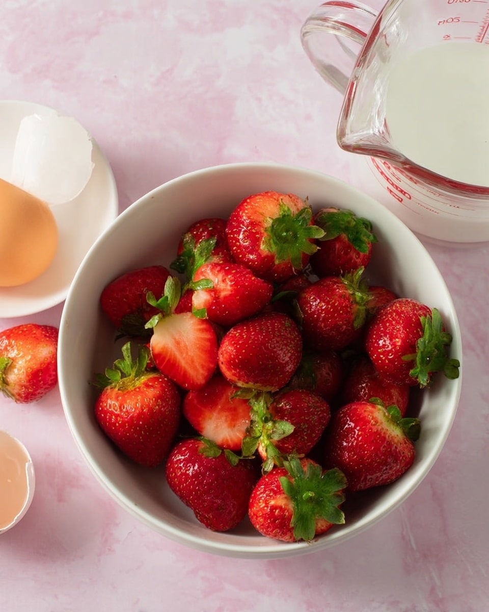 A white bowl is filled with fresh strawberries, some whole with bright green leaves, and some cut in half showing their red interior. The strawberries are shiny and look juicy. The bowl sits on a soft pink surface next to a clear measuring cup with white liquid inside and a raw egg nearby. The background is a white marbled texture. photo taken with an iphone --ar 4:5 --v 7