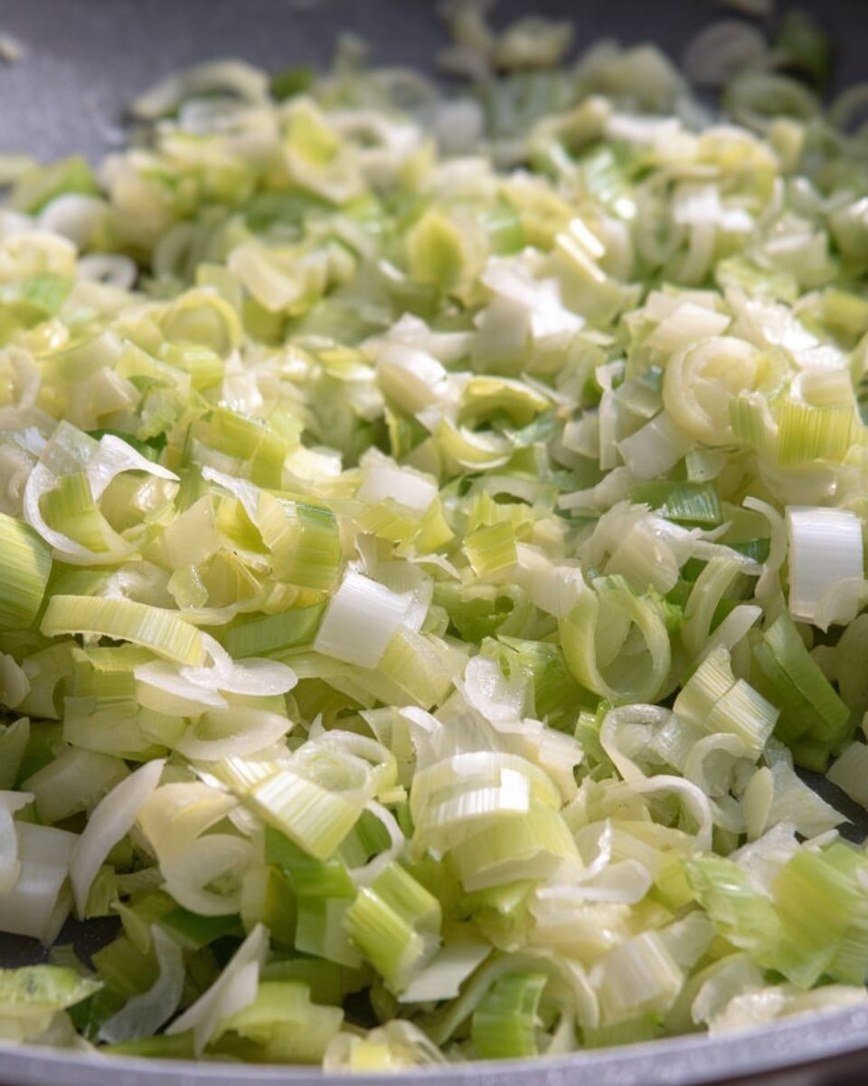 The image shows finely chopped pale green and white leeks spread evenly in a gray pan, with their soft, slightly translucent rings and pieces shining under the light. The texture of the leeks looks tender and fresh, with some small bits of garlic mixed in, creating a mix of smooth and fibrous layers in a close-up view. The background is blurred out but the focus stays on the glossy leek pieces closest to the camera. photo taken with an iphone --ar 4:5 --v 7