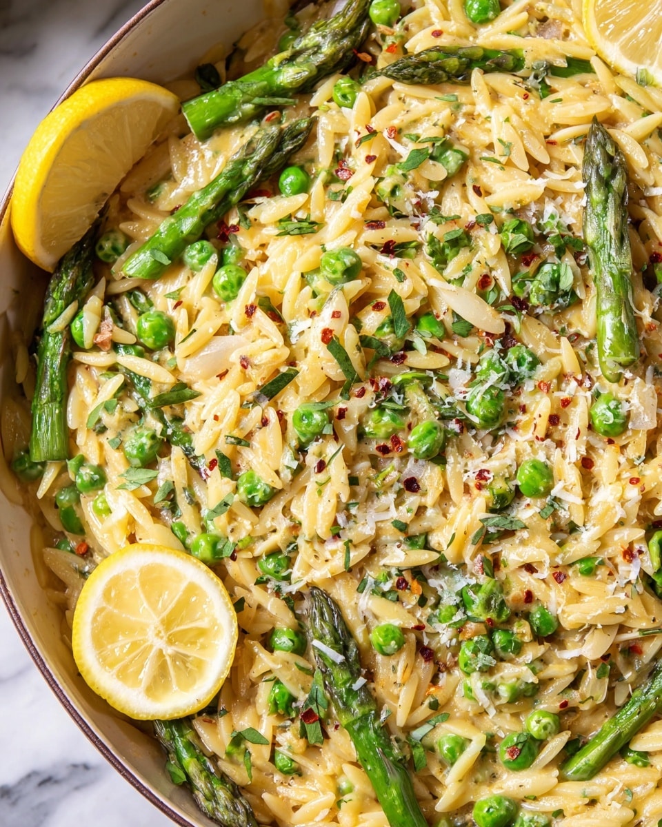 This dish shows a close-up view of a creamy orzo pasta mixed with bright green peas and asparagus. The orzo has a soft yellow color from the sauce, and the asparagus spears are spread across the dish, adding texture and a fresh green contrast. Small pieces of chopped onion or garlic are scattered throughout, along with finely chopped fresh herbs. Red pepper flakes and grated cheese are sprinkled over the top for extra color and detail. Two lemon wedges rest on opposite sides, adding a light touch of yellow. The dish sits on a white marbled surface. photo taken with an iphone --ar 4:5 --v 7