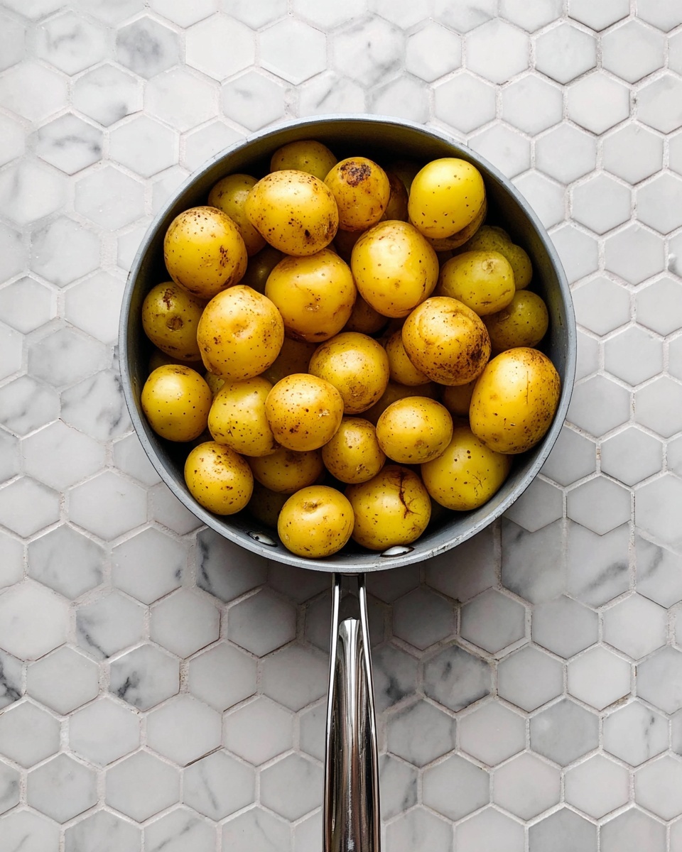 A gray pot filled with many small, yellow potatoes, some with small brown spots and dirt, resting on a white marbled hexagon tiled surface, the pot handle is shiny and metallic, pointing downwards photo taken with an iphone --ar 4:5 --v 7