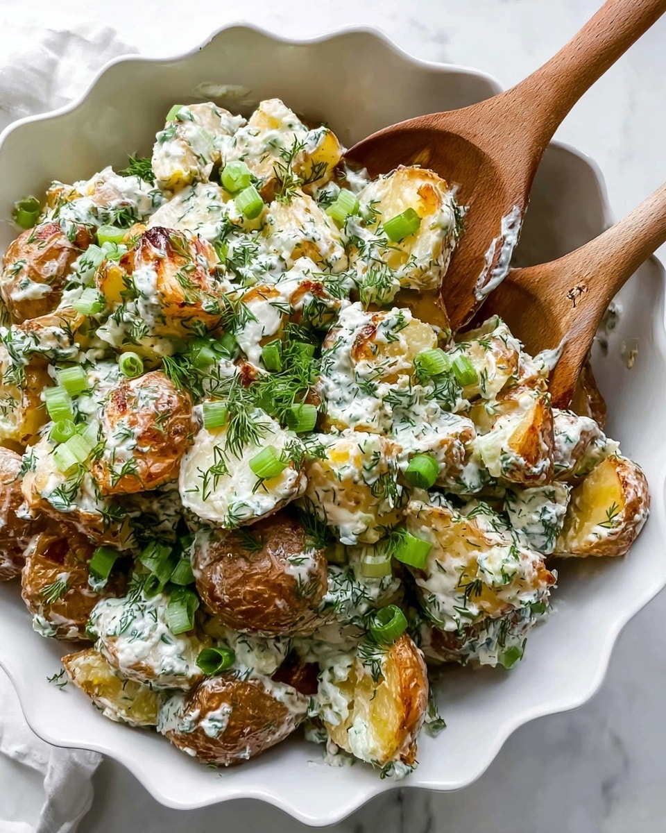 The dish shows a white scalloped bowl filled with pieces of golden brown roasted potatoes mixed with a creamy white sauce that has specks of green herbs all over. There are small bright green diced celery pieces scattered through the mix, and fresh chopped dill and green onions sprinkled on top, adding texture and color contrast. A pair of wooden spoons rest inside the bowl, one partially lifting the potatoes, showing their crispy edges and creamy coating. The bowl sits on a white marbled surface. Photo taken with an iphone --ar 4:5 --v 7