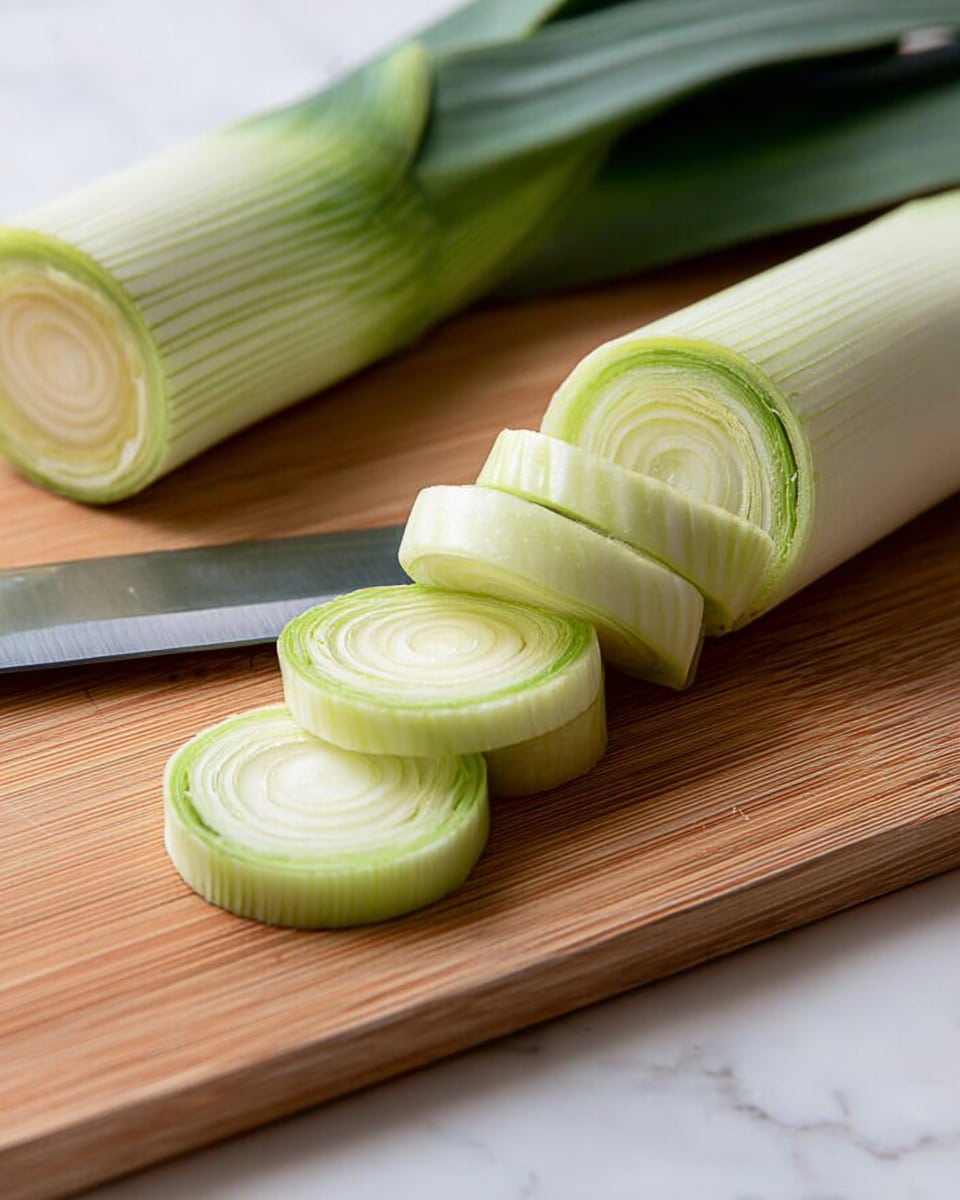 The image shows a white leek being sliced on a wooden cutting board with a sharp silver knife placed beside it. Five round leek slices lie flat in a row, showing the layers of pale green and white, while the remaining part of the leek with darker green leaves is placed nearby. The image focuses on the fresh texture of the vegetables and the clean cut slices. The background is a white marbled texture. Photo taken with an iphone --ar 4:5 --v 7