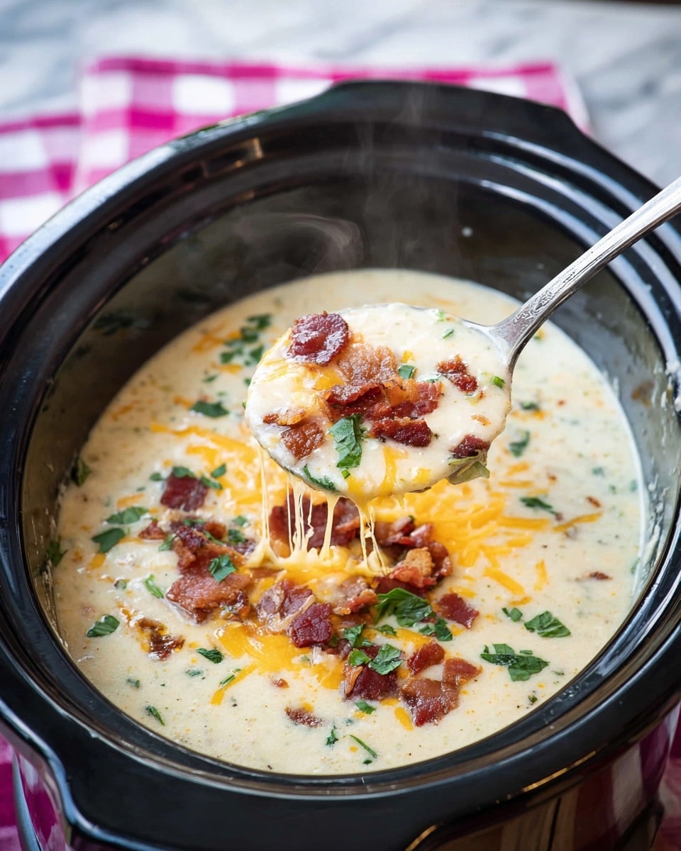 A thick creamy soup in a black slow cooker, creamy white in color with bits of orange shredded cheese, small brown bacon pieces, and green herb leaves scattered on top. A metal ladle lifts a portion of the soup, showing the layers clearly: the creamy white base, topped with melted orange cheese and crisp brown bacon bits with green herbs, steam rising gently. The background shows a white marbled surface with a pink and white checkered cloth underneath the slow cooker. photo taken with an iphone --ar 4:5 --v 7