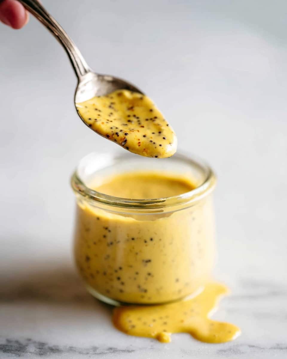 A close-up image of a glass jar filled with a thick, yellow sauce with visible black seeds, held slightly above a white marbled surface. A silver spoon is held above the jar by a woman's hand, with the spoon full of the same sauce showing its creamy texture and seed specks. The background is soft and white, drawing focus to the jar and spoon. Some sauce drips and pools on the white marbled surface below. Photo taken with an iphone --ar 4:5 --v 7